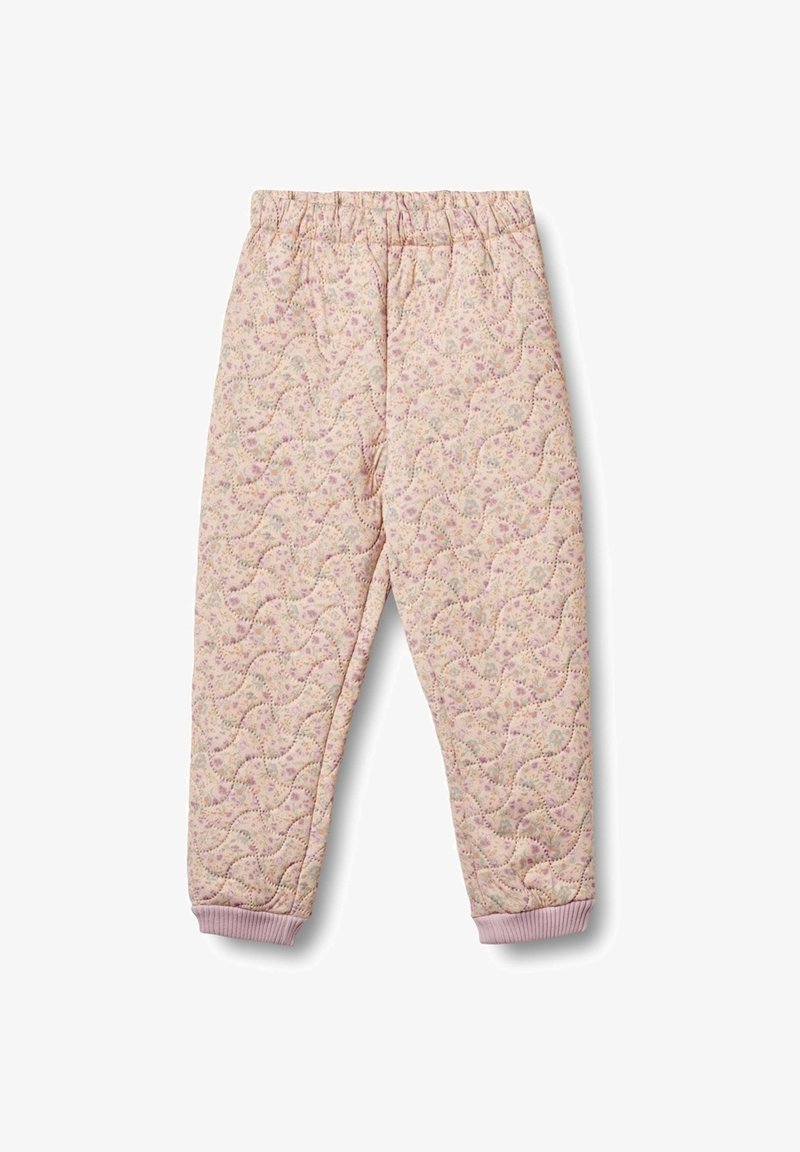 Quiltade rosa byxor med blommönster, elastisk midja och ribbade muddar vid anklarna. Mjuk textur och avslappnad passform.