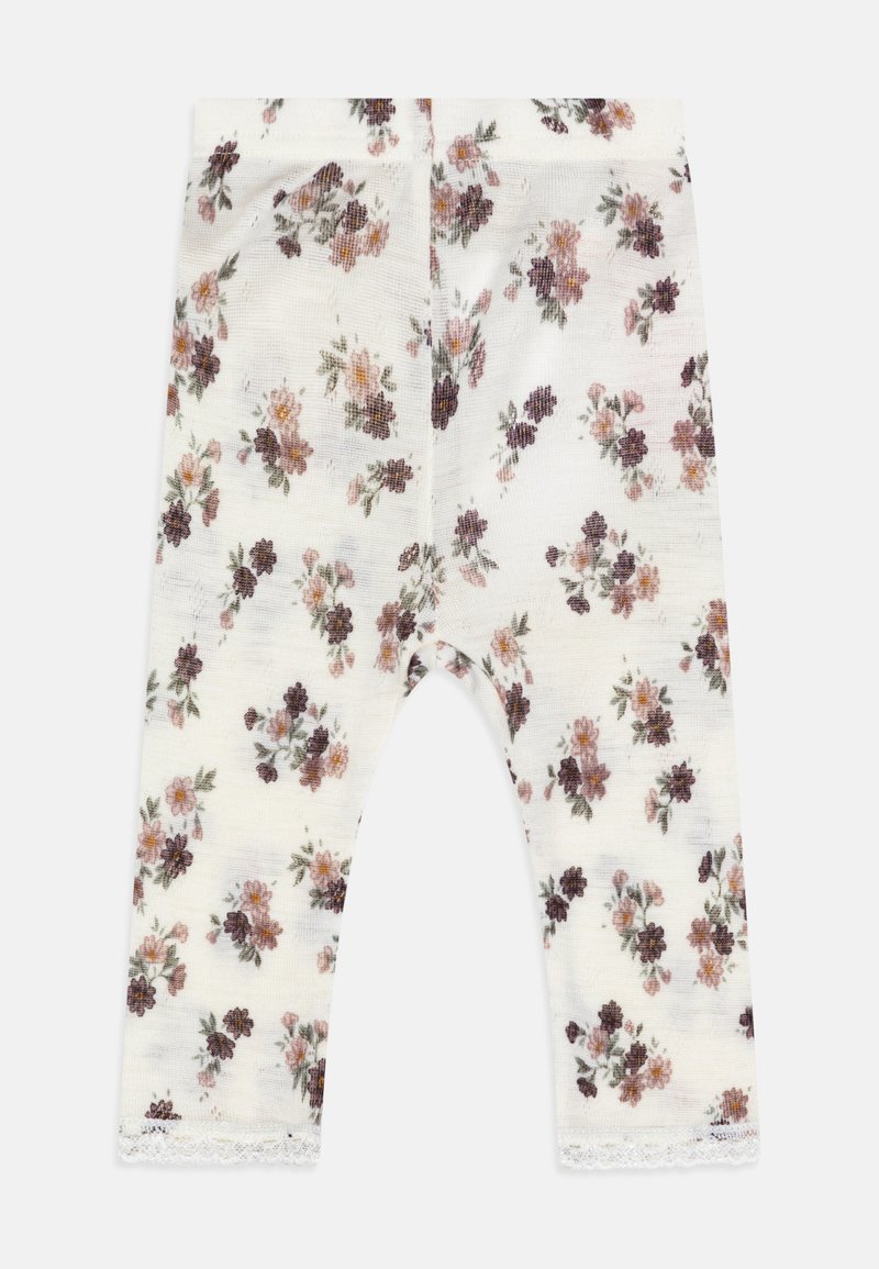 Floral leggings featuring a cream background with multicolored flowers. Soft fabric with lace trim at the hem. Appears cozy and fitted.