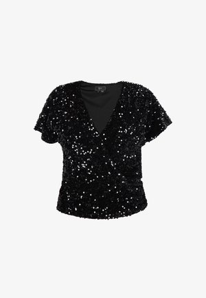 Schwarze Pailletten-Wickelbluse mit kurzen Ärmeln, V-Ausschnitt, weicher Textur und figurbetonendem Schnitt, der den Glanz der Pailletten betont.