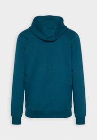 Sweatshirt à capuche teal, en mélange de coton, avec des poignets côtelés, design avec poche kangourou, texture lisse et silhouette simple. Vue de dos montrée.
