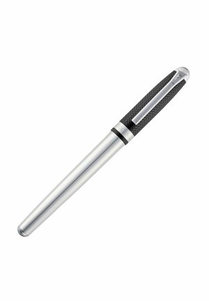 Silver metal pen with smooth barrel and black textured cap featuring a silver clip and engraved brand ring.