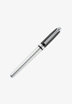 Silver metal pen with smooth barrel and black textured cap featuring a silver clip and engraved brand ring.