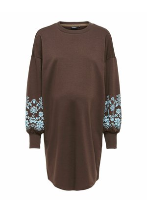 Robe sweat-shirt marron à manches longues avec motifs floraux bleu clair sur les manches et poignets côtelés.