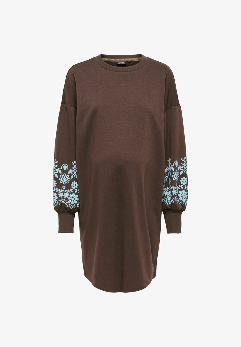 Robe sweat-shirt marron à manches longues avec motifs floraux bleu clair sur les manches et poignets côtelés.