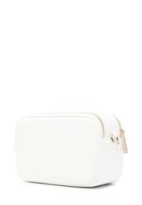 Borsa cosmetica rettangolare bianca in pelle con doppia zip dorata e piccolo anello metallico laterale.