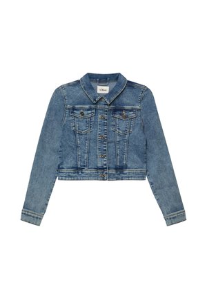 Spijkerjack met knoopsluiting aan de voorkant, twee klepzakken op de borst, lange mouwen en een klassieke kraag in een medium blauwe wassing.