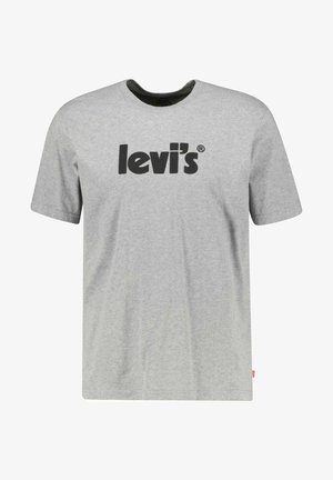 Szara bawełniana koszulka z krótkim rękawem, z dużym czarnym logo "levi's" z przodu. Okrągły dekolt z ciemnozielonym wykończeniem wewnętrznym.