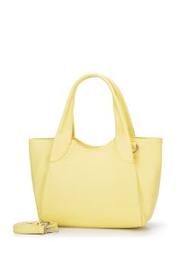 Bolso de mano de cuero amarillo con dos asas cortas, una textura suave y una correa para el hombro desmontable. Forma redondeada, diseño minimalista.