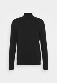 Jersey de cuello alto negro hecho de un suave tejido de punto. Presenta mangas largas, un diseño ceñido y acentos acanalados en el cuello y los puños.