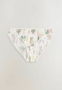 Bikini gaćice u kamuflažnom uzorku izrađene od lagane, prozirne tkanine. Boje uključuju pastelnoružičastu, zelenu i bijelu. Elastična pamučna gumica.