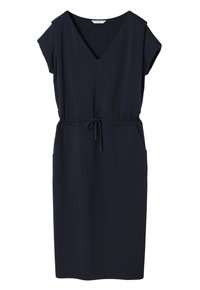 Donkerblauwe jurk met een V-hals, korte mouwen en een elastische tailleband. Bevat twee zijzakken en heeft een rechte snit. Glad textuur van de stof.