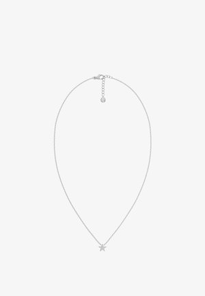 Collar en tono plateado que presenta una cadena delgada con un colgante de estrella. La cadena incluye un cierre de langosta y longitud ajustable con eslabones.
