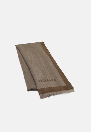 Folded brown wool scarf with a darker border and "HUGO" woven near one end, laid flat on a light background.