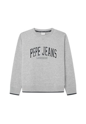Lichtgrijze sweater met ronde hals en de tekst "PEPE JEANS LONDON" in grote zwarte en kleine grijze letters op de voorkant gedrukt.