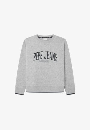 Jasnoszara bluza z okrągłym dekoltem z napisem "PEPE JEANS LONDON" dużymi czarnymi i małymi szarymi literami z przodu.