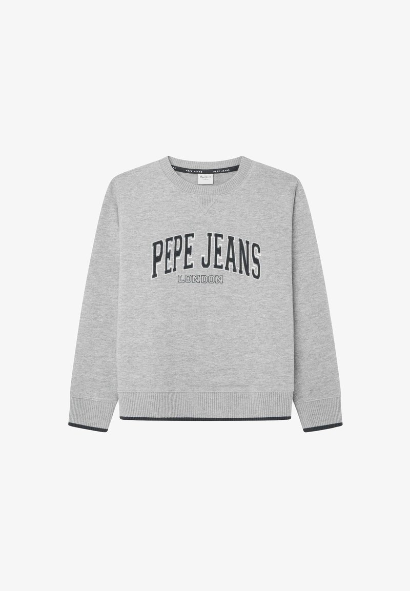 Jasnoszara bluza z okrągłym dekoltem z napisem "PEPE JEANS LONDON" dużymi czarnymi i małymi szarymi literami z przodu.