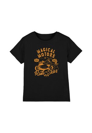 Black t-shirt with orange graphic of a bearded wizard riding a motorcycle and text "Magical Motors Ride the Skies."
