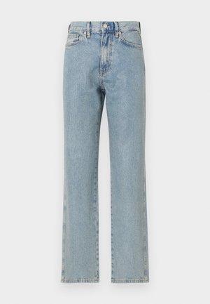 Light blue denim jeans with a straight leg design, five pockets, a button closure, and subtle texture. No visible distressing or patterns.