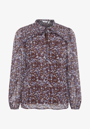 Lichtbruine en paarse bloemen sheer blouse met lange mouwen, geplooide halslijn, keyhole voordetail en elastische manchetten. Licht, vloeiend materiaal.