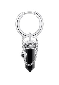 Black crystal keychain with silver metal ring and chain accents, featuring geometric shapes and a pointed end. Detailed with metallic elements.