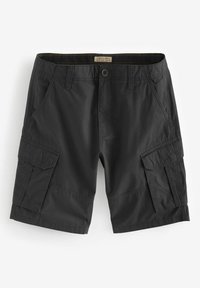 Pantaloni cargo neri realizzati in tessuto misto cotone. Presentano diverse tasche laterali, passanti per cintura e una chiusura con bottone. Texture liscia.