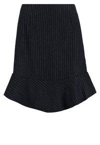 Jupe bleu foncé à rayures verticales blanches, cintrée à la taille et évasée à l'ourlet, avec un bord volanté. Fabriquée en tissu texturé.