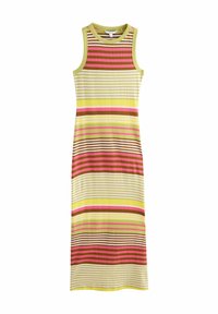 Gestreiftes ärmelloses Kleid in Gelb, Rosa, Braun und Weiß; gerippter Stoff, knielang, mit rundem Ausschnitt und tailliertem Schnitt.