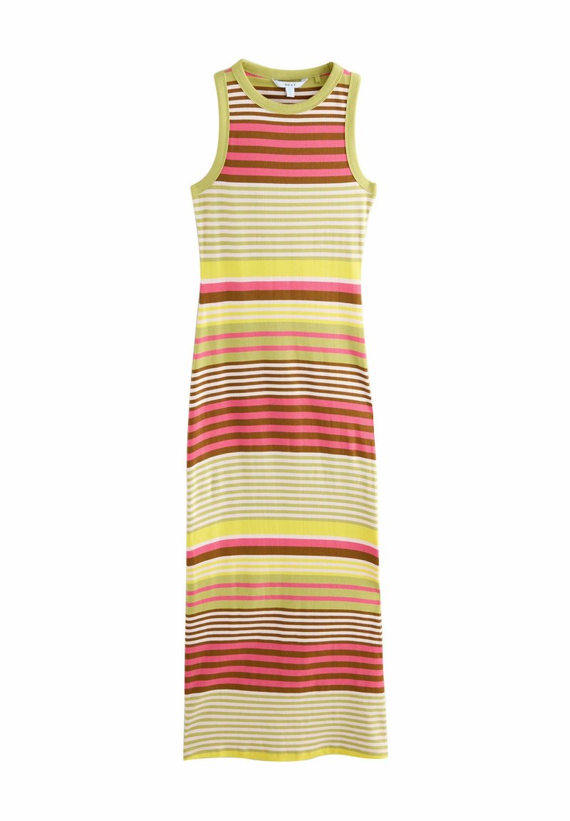 Gestreiftes ärmelloses Kleid in Gelb, Rosa, Braun und Weiß; gerippter Stoff, knielang, mit rundem Ausschnitt und tailliertem Schnitt.