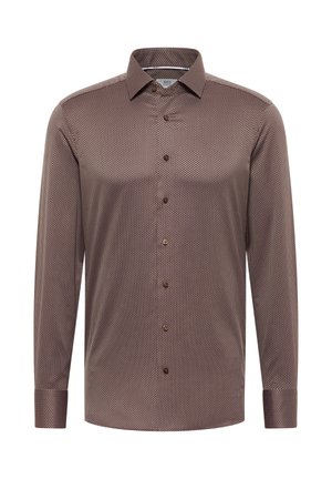 Heren overhemd met lange mouwen, knoopsluiting en een klein geometrisch patroon in bruintinten, klassieke kraag en knoopmanchetten.