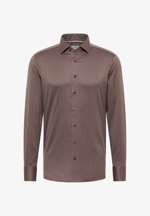 Heren overhemd met lange mouwen, knoopsluiting en een klein geometrisch patroon in bruintinten, klassieke kraag en knoopmanchetten.