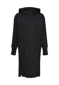 Zwarte hoodie jurk gemaakt van zachte stof, met een capuchon, lange mouwen en zijsplitten aan de zoom voor gemakkelijke beweging.