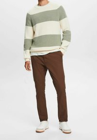 Uomo che indossa un maglione a righe verde e crema, pantaloni marroni e sneakers bianche, in piedi con una mano in tasca su sfondo bianco.