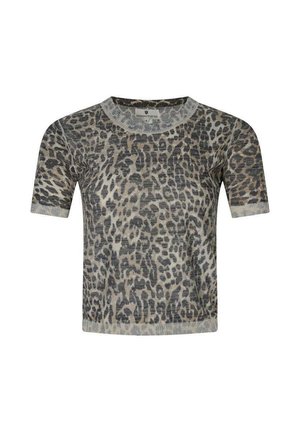Kortærmet strikbluse med gråt og beige leopardmønster samt ribbet halsudskæring, manchetter og kant.