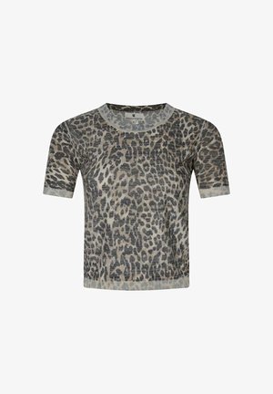 Kortærmet strikbluse med gråt og beige leopardmønster samt ribbet halsudskæring, manchetter og kant.