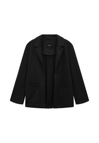 Zwarte blazer met een verfijnd ontwerp, twee voorzakken en een enkele knoopsluiting. Gemaakt van geweven stof met een soepele textuur.