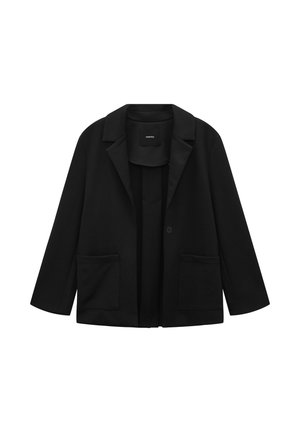 Schwarzer Blazer mit tailliertem Design, zwei Vorderaschen und einem Knopfverschluss. Hergestellt aus einem gewebten Stoff mit glatter Textur.