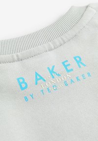 Világosszürke kapucnis pulóver, bordázott gallérral, amelyen kék színnel szerepel a "BAKER LONDON" felirat, míg ezüst színnel a "by TED BAKER" felirat található, kiemelve a textúrált anyagot.