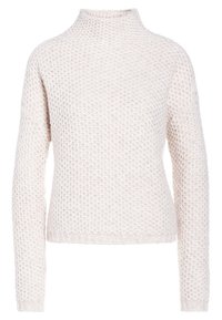 Pull en maille beige clair avec un col montant, des manches longues et un motif texturé. Ourlet et poignets côtelés, fabriqué dans un tissu doux.