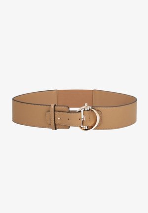 Large ceinture en cuir couleur tabac avec une boucle ronde en métal doré et des bords cousus.
