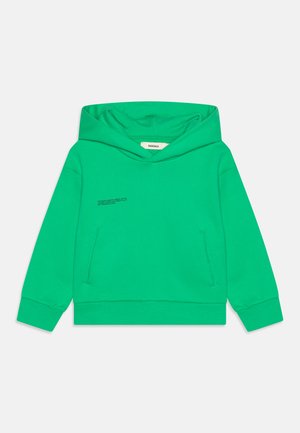 Sudadera con capucha verde, hecha de tela suave, que presenta un bolsillo tipo canguro y un detalle de texto impreso en el pecho. Puños y dobladillo de canalé.