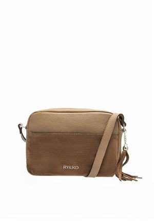 Small rectangular two-tone brown leather crossbody bag with adjustable strap and tassel zipper pull, "RYŁKO" logo on front.