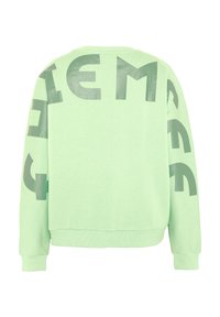 Mint green sweatshirt featuring large, glossy gray lettering on both sleeves and back. It has a ribbed collar, cuffs, and hem.