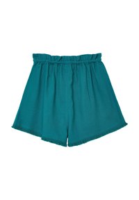 Shorts in tessuto teal con vita elastica arricciata e orlo frangiato. Hanno una vestibilità ampia e lunghezza a metà coscia, realizzati in materiale morbido.