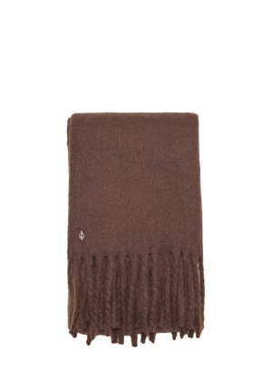 Écharpe en laine marron avec des extrémités à franges et un petit détail de logo en métal sur un côté, pliée soigneusement sur un fond blanc.