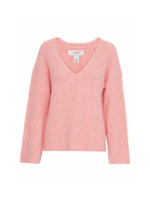 Roze geribde trui met een V-hals, lange mouwen en een losse pasvorm. Gemaakt van zacht materiaal met een gestructureerd oppervlak.
