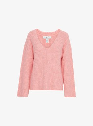 Pull à côtes rose avec un col en V, des manches longues et une coupe ample. Fabriqué à partir d'un matériau doux, avec une surface texturée.