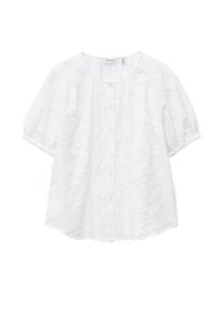 White short-sleeve blouse with round neckline and subtle raised floral embroidery, buttoned front, and slightly gathered sleeves.