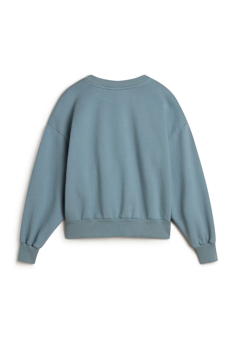 Hellblaues Sweatshirt mit Rundhalsausschnitt, überschnittenen Schultern, gerippten Bündchen und Saum. Aus weichem Stoff mit glatter Textur gefertigt.