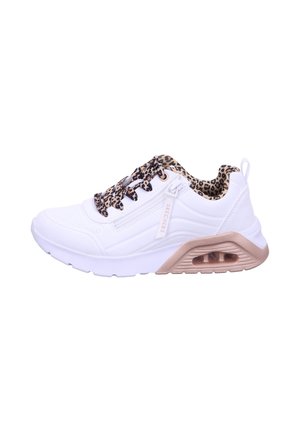 White sneaker with leopard print inner lining and laces, beige sole with air cushion, and side zipper pull tab labeled Skechers.