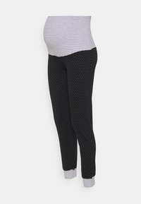Zwangerschapspyjama set met een gestreepte top met een brede band en zwarte broek met witte stippen, slim-fit met geborduurde enkels.